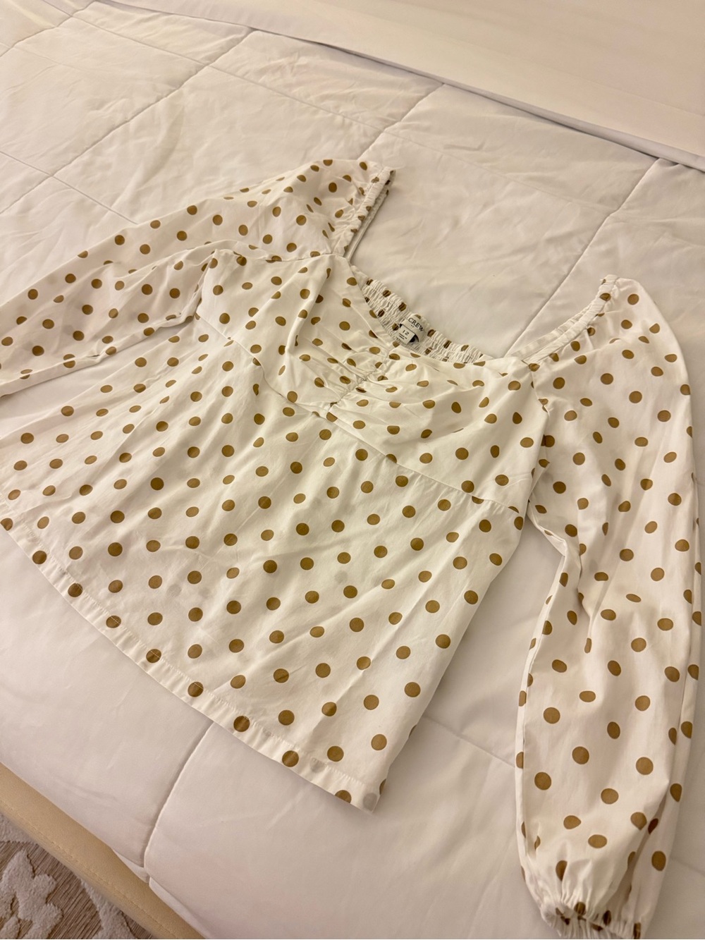 J. Crew White Peasant Blouse with tan Polka Dots